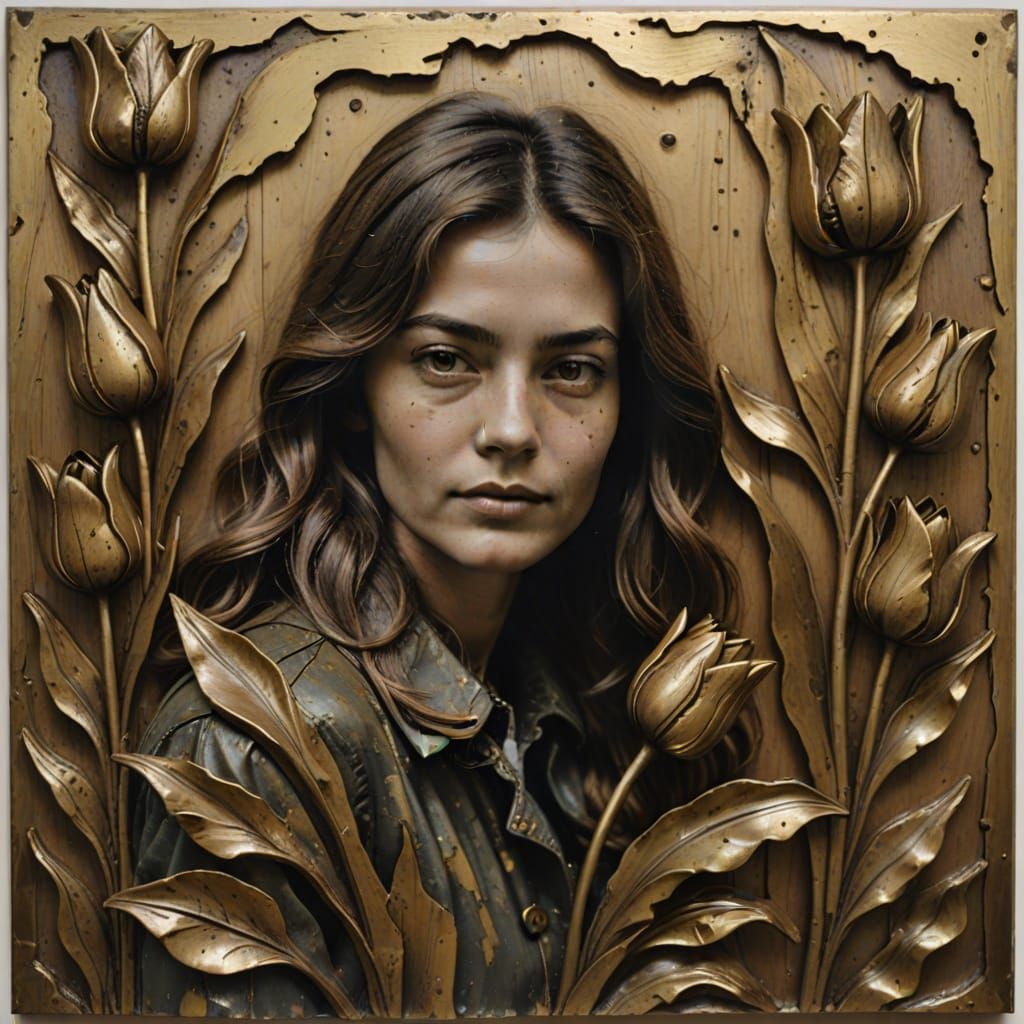 Brass Woman Before Carved Wood Wall