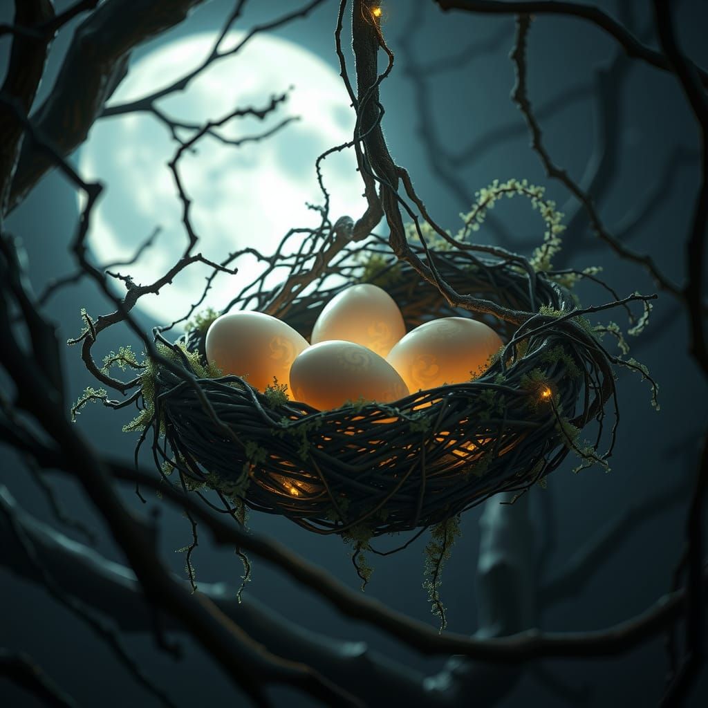 Ethereal Nest with Glowing Eggs at Night