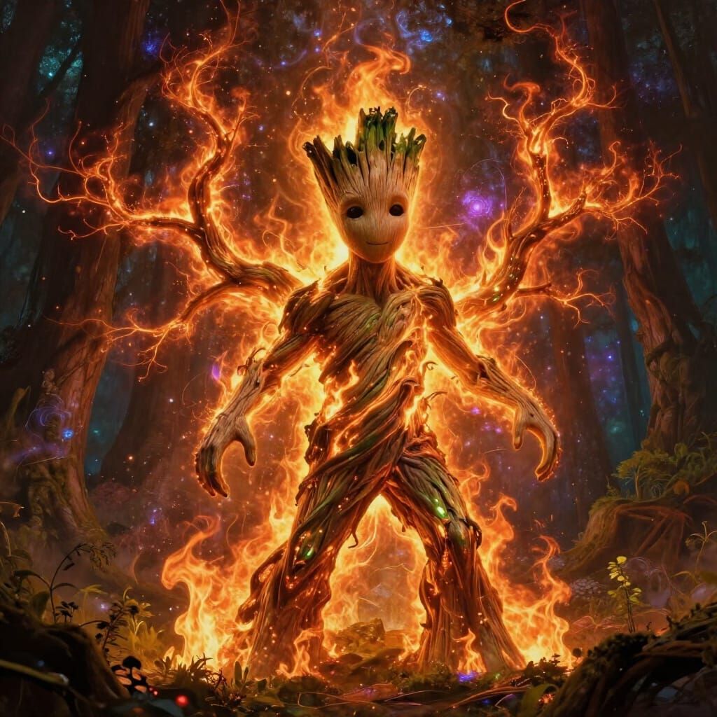 Groot Ablaze with Ethereal Flames and Cosmic Energy