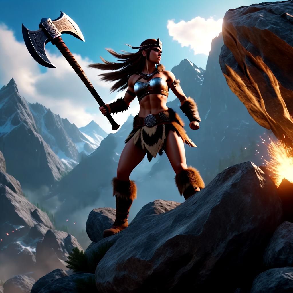 Female Barbarian Raises Battle Axe in the Mountains
