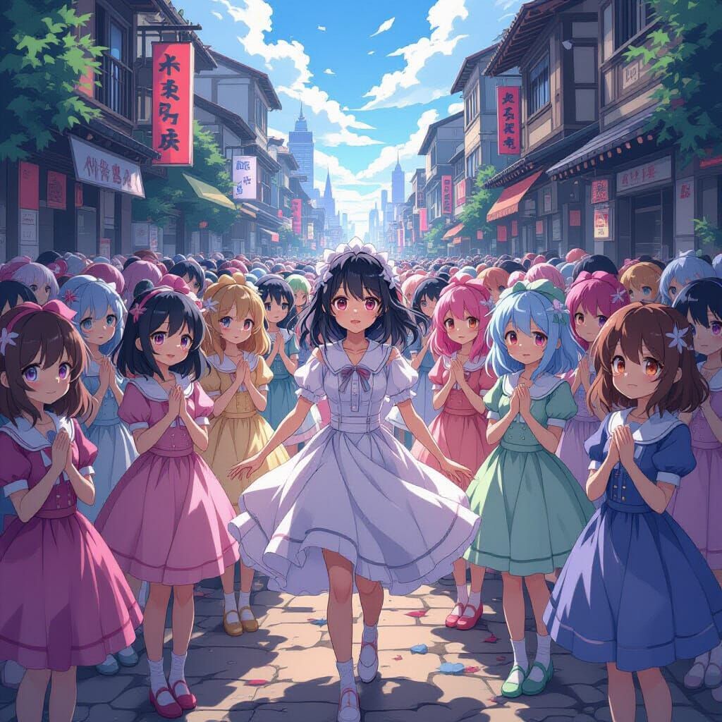 Anime Girls Unified Mind in Dark Cyberpunk Cityscape