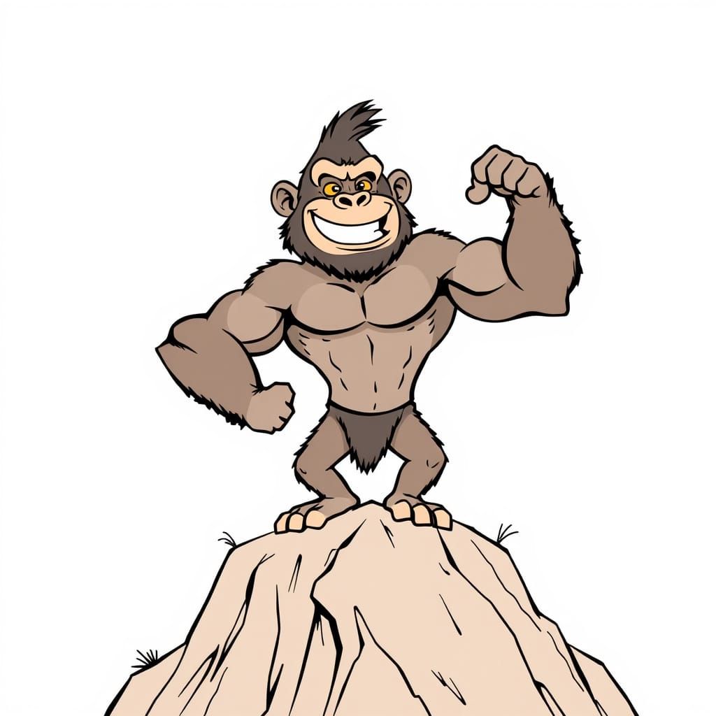 Cartoon Ape Flexing Atop Hill