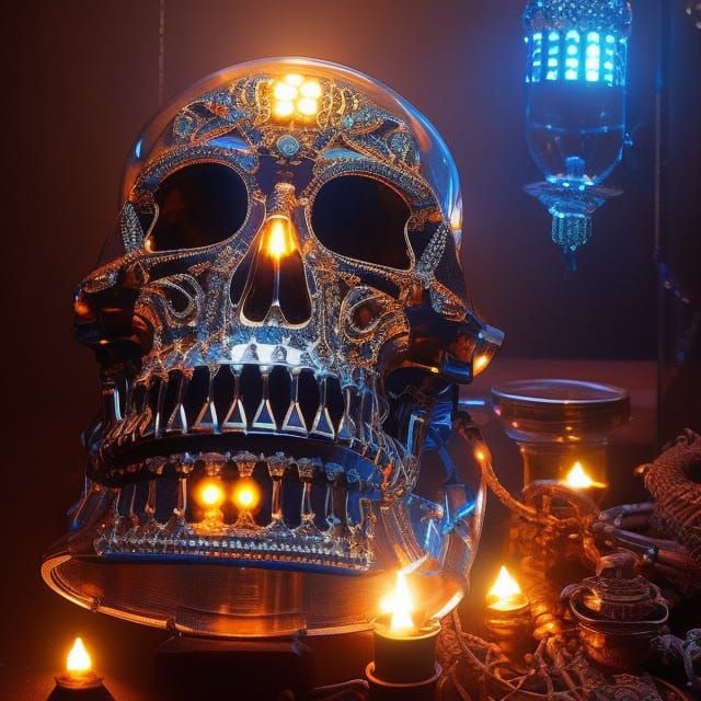Eerie Illuminated Crystal Skull with Japanese Ornaments
