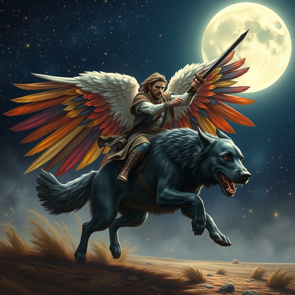 Winged Man Rides Winged Dog Under Starlit Sky