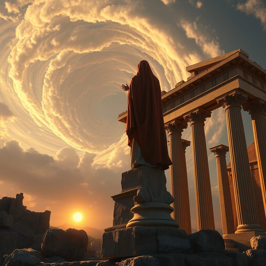 Regal Figure Surrounded by Ruins in a Swirling Vortex of Clo...
