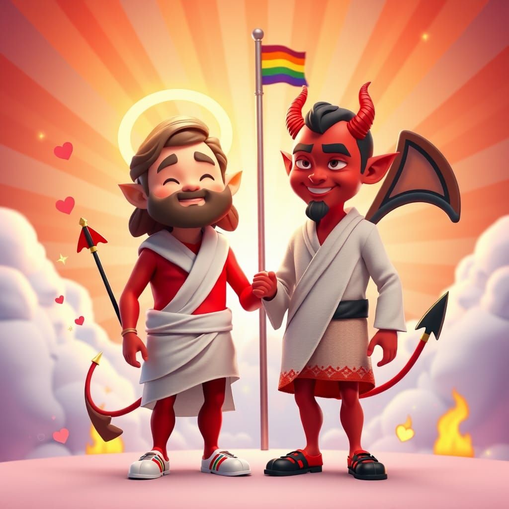 God and Devil: A Loving Couple in 3D Cartoon Style
