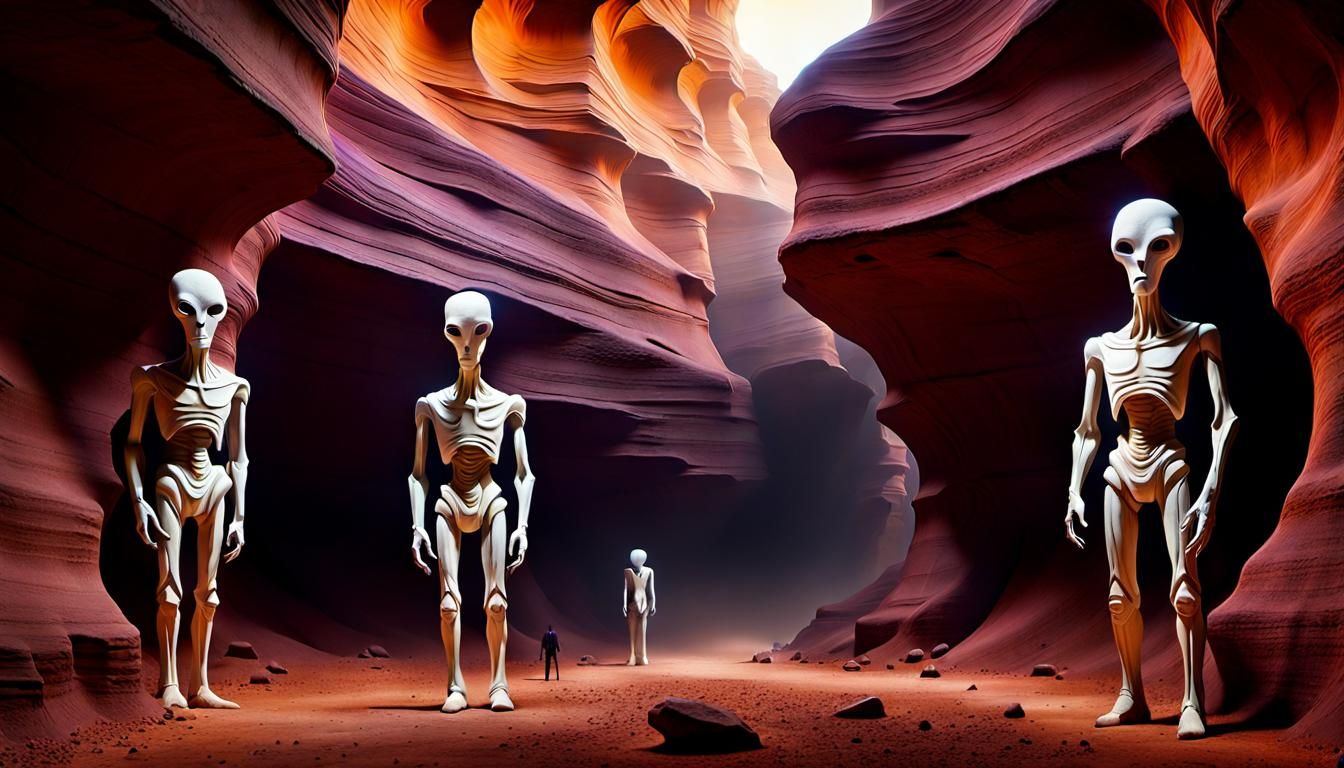 Ethereal Figures in Surreal Canyon Landscape