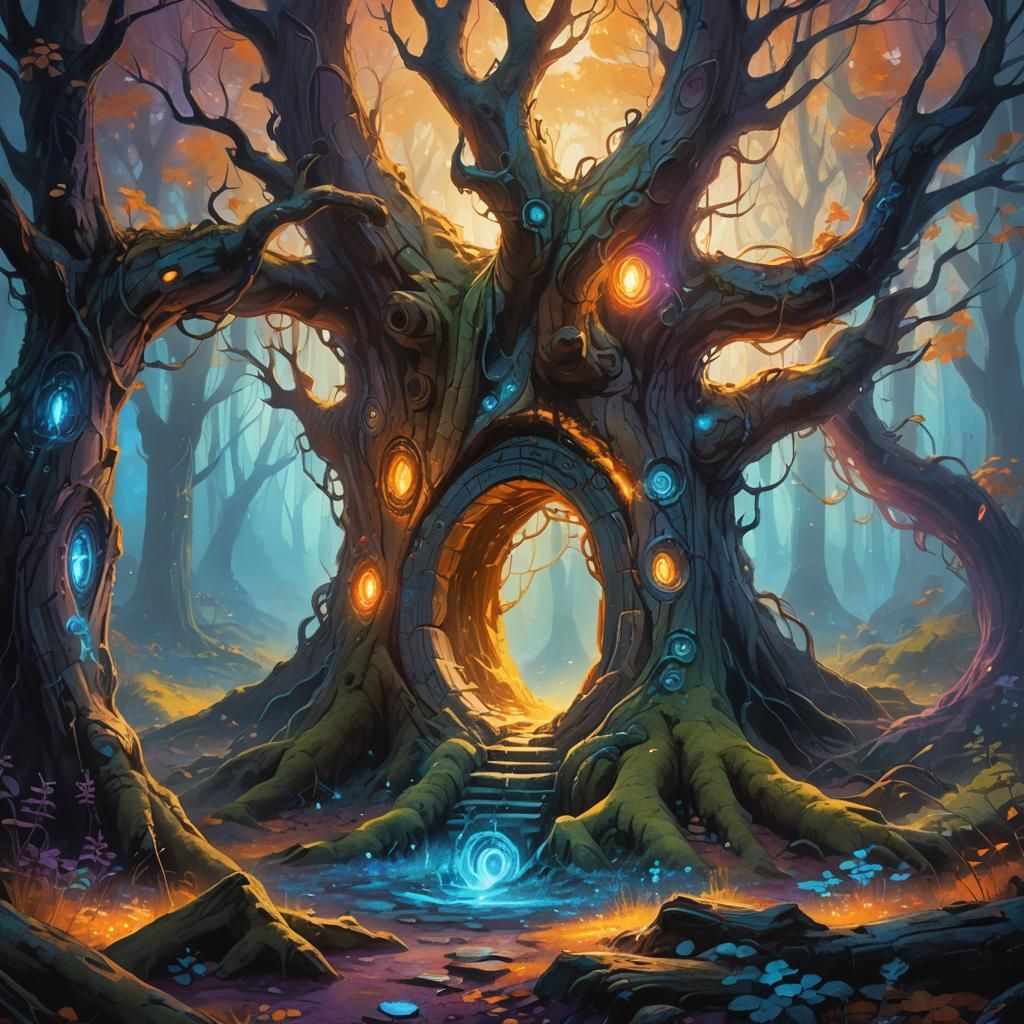 Mystical Forest Portal in Vibrant Oil Painting