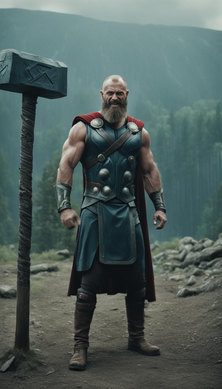 Slavic Thor with Hammer: Cinematic Film Still