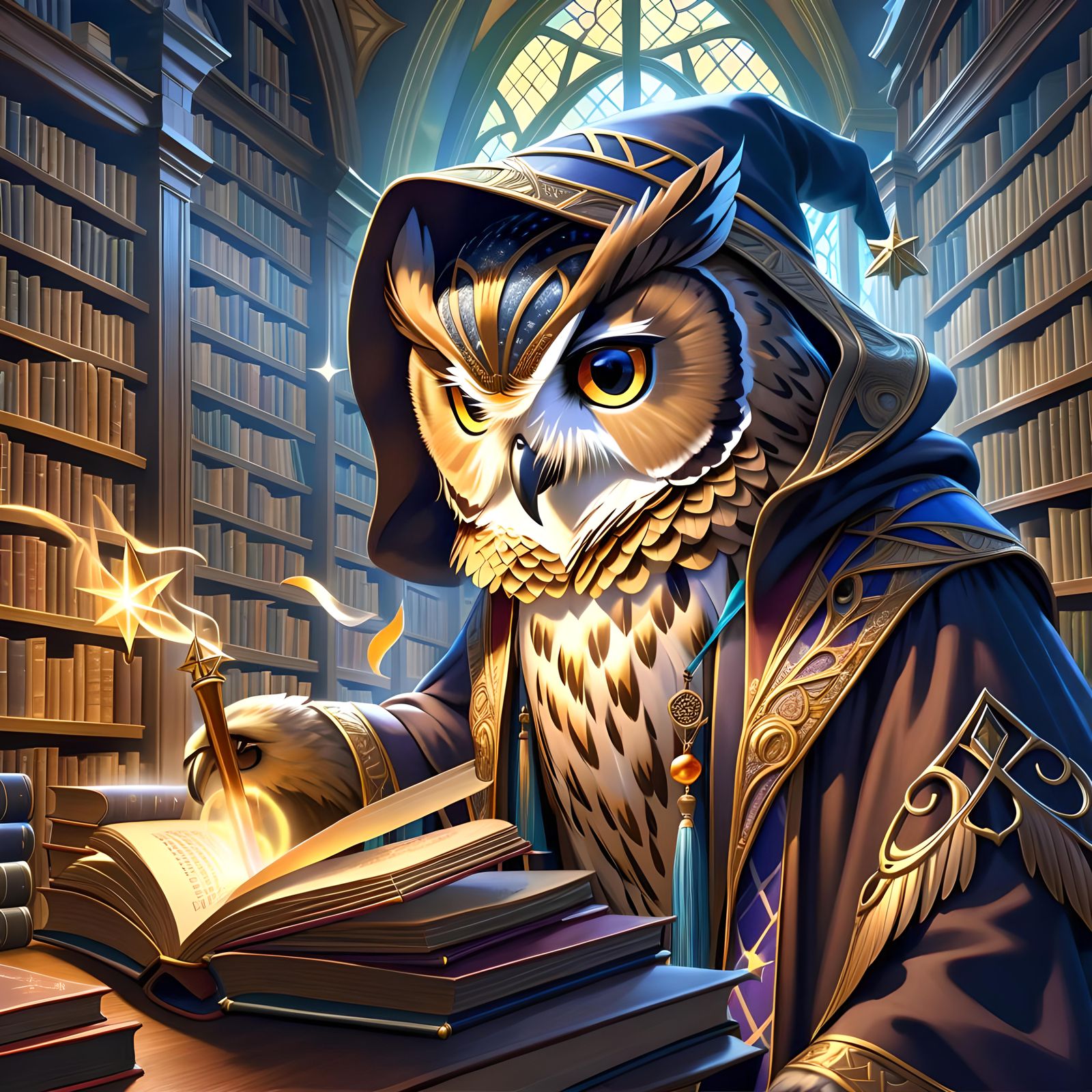 Owl Wizard Casting Spell: Hyperrealistic Illustration