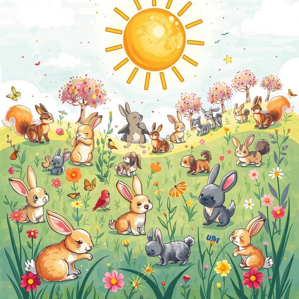 Adorable Animals in a Sunny Comic Book Landscape