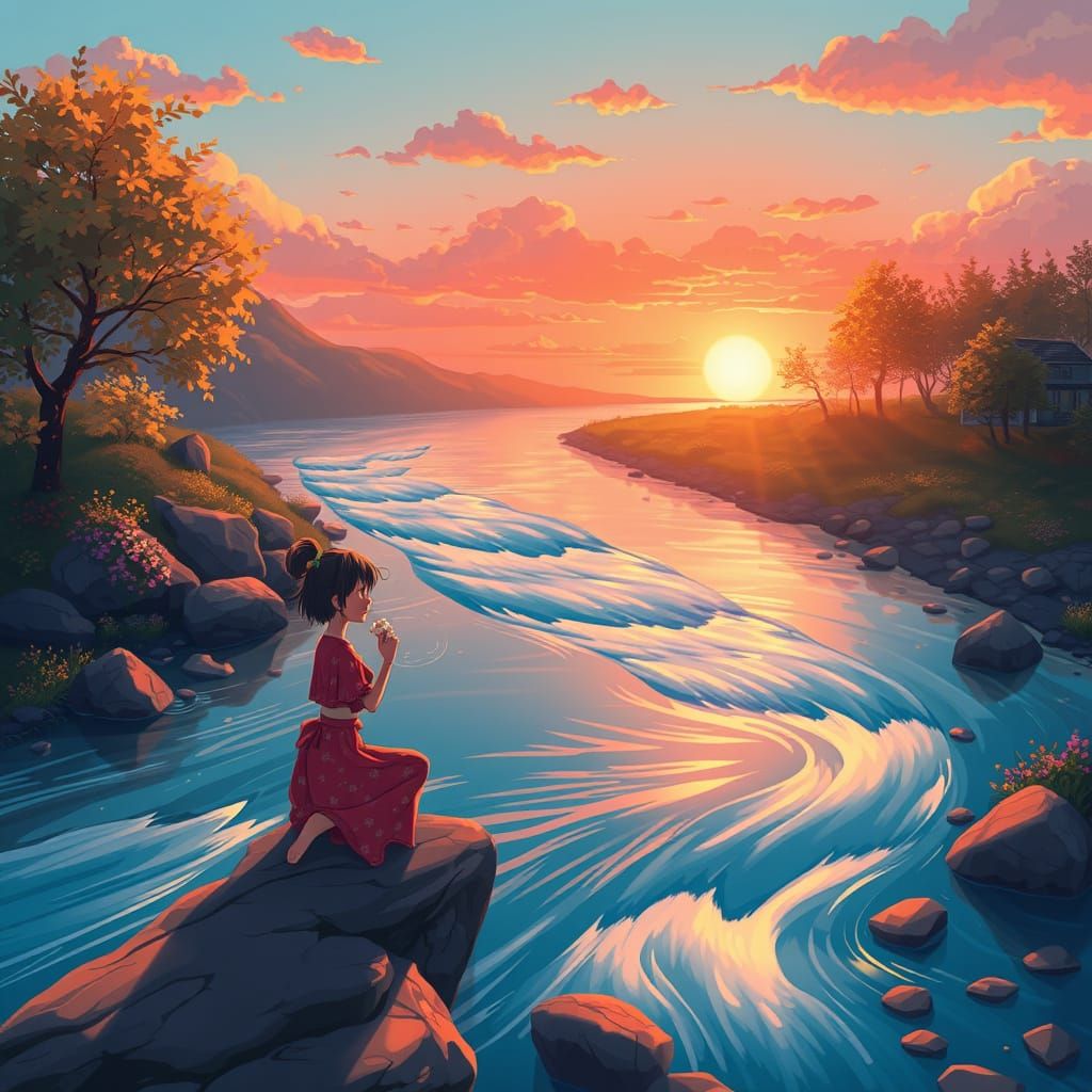 Woman Enjoys Popcorn by Serene River at Sunset