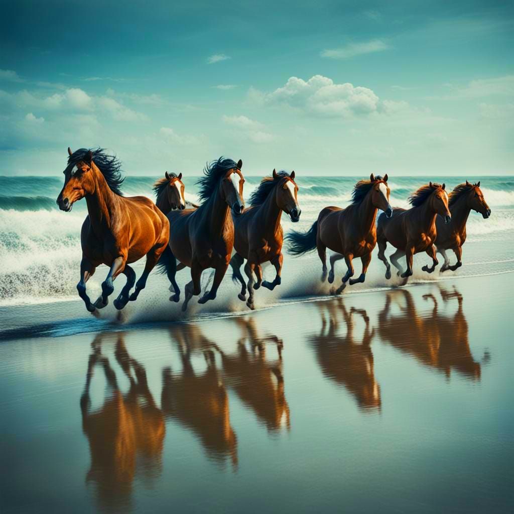 Realistic Horses Running on Beach at High Tide