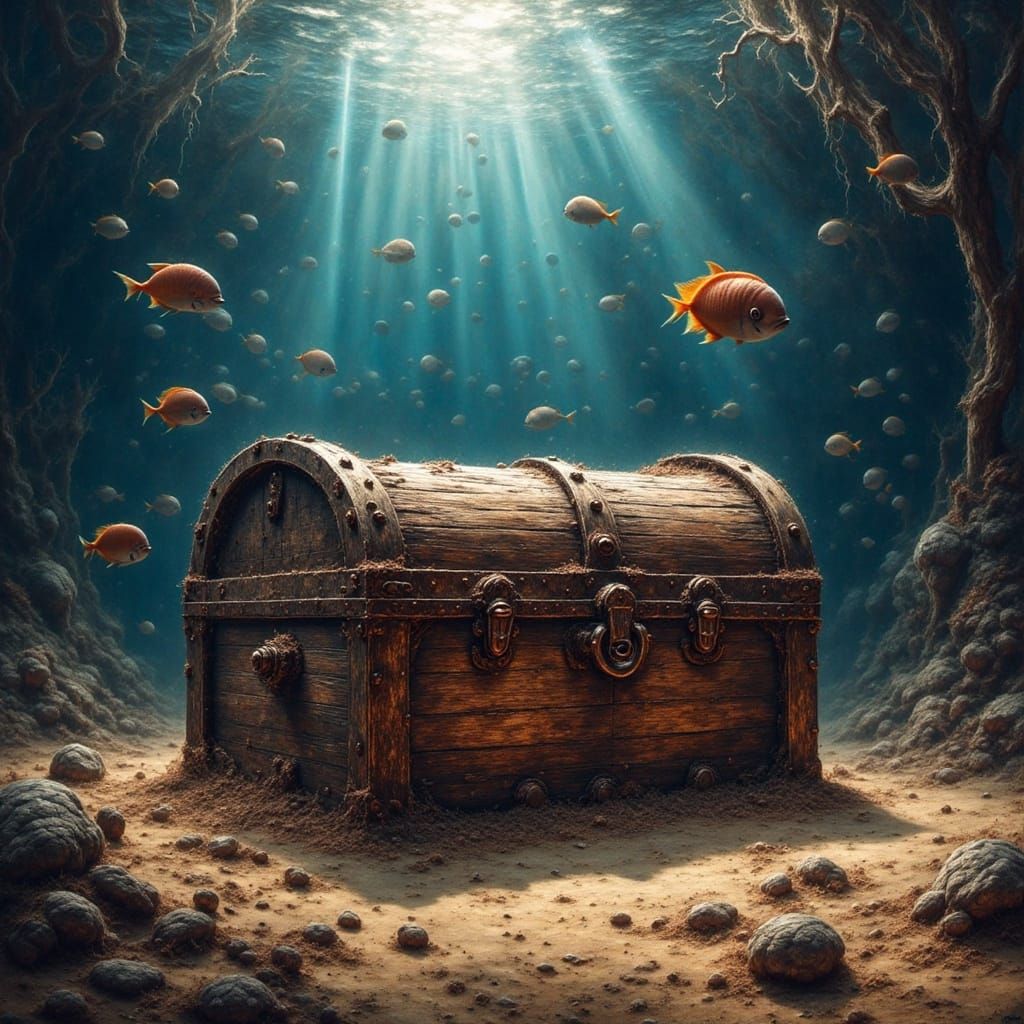 Barnacle Treasure Chest in Grungy Oil Painting Style