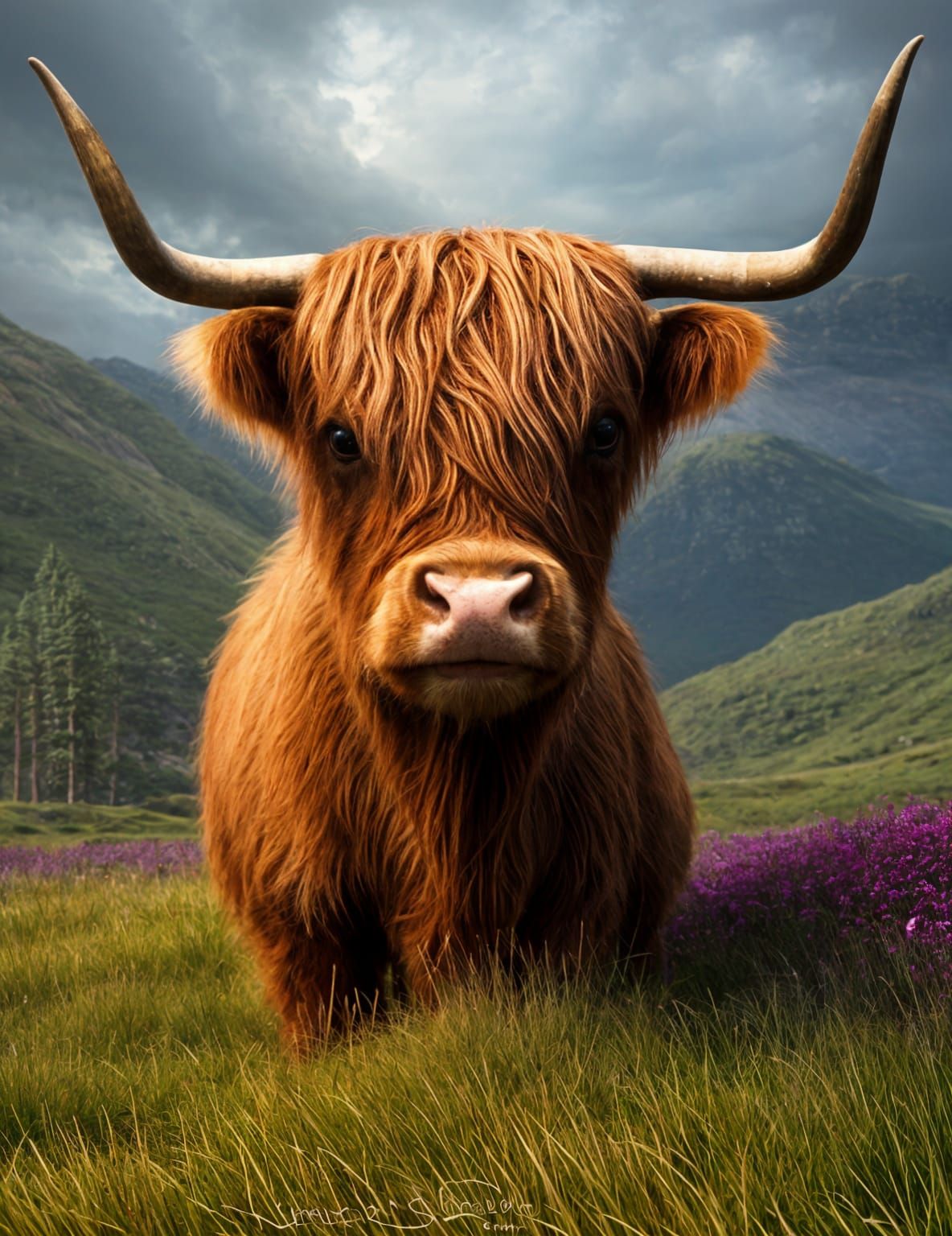 Highland Cow with Flower Crown, Detailed Digital Art