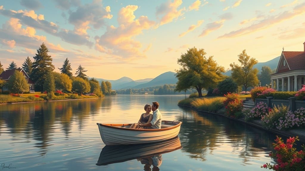 Idyllic Scene of Gentle Couple in a Serene River Landscape