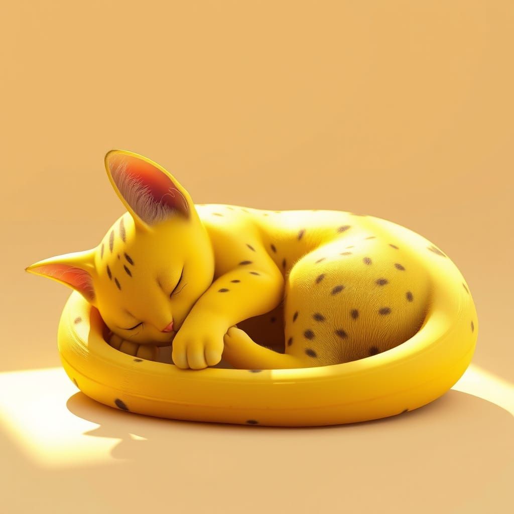 Stylized Feline in Vibrant Banana Yellow with Distinctive Bl...