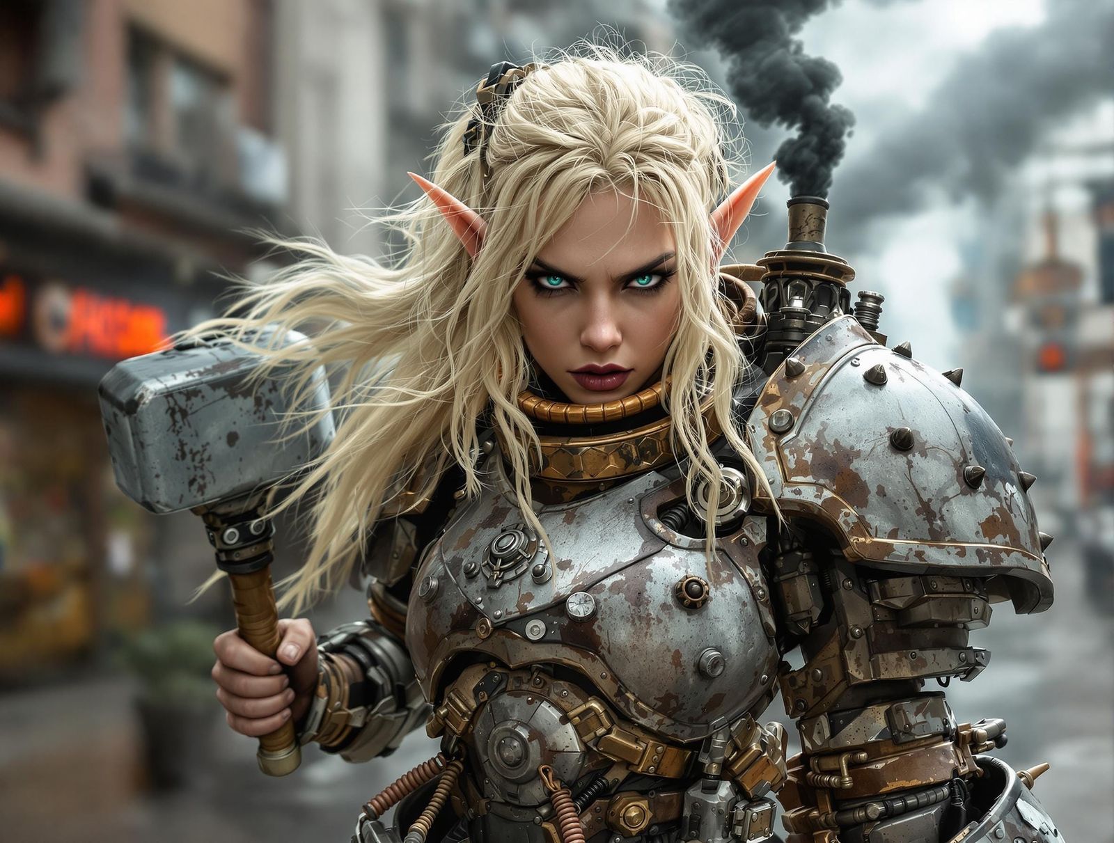 Dieselpunk Female Elf in Hyperrealistic Armor