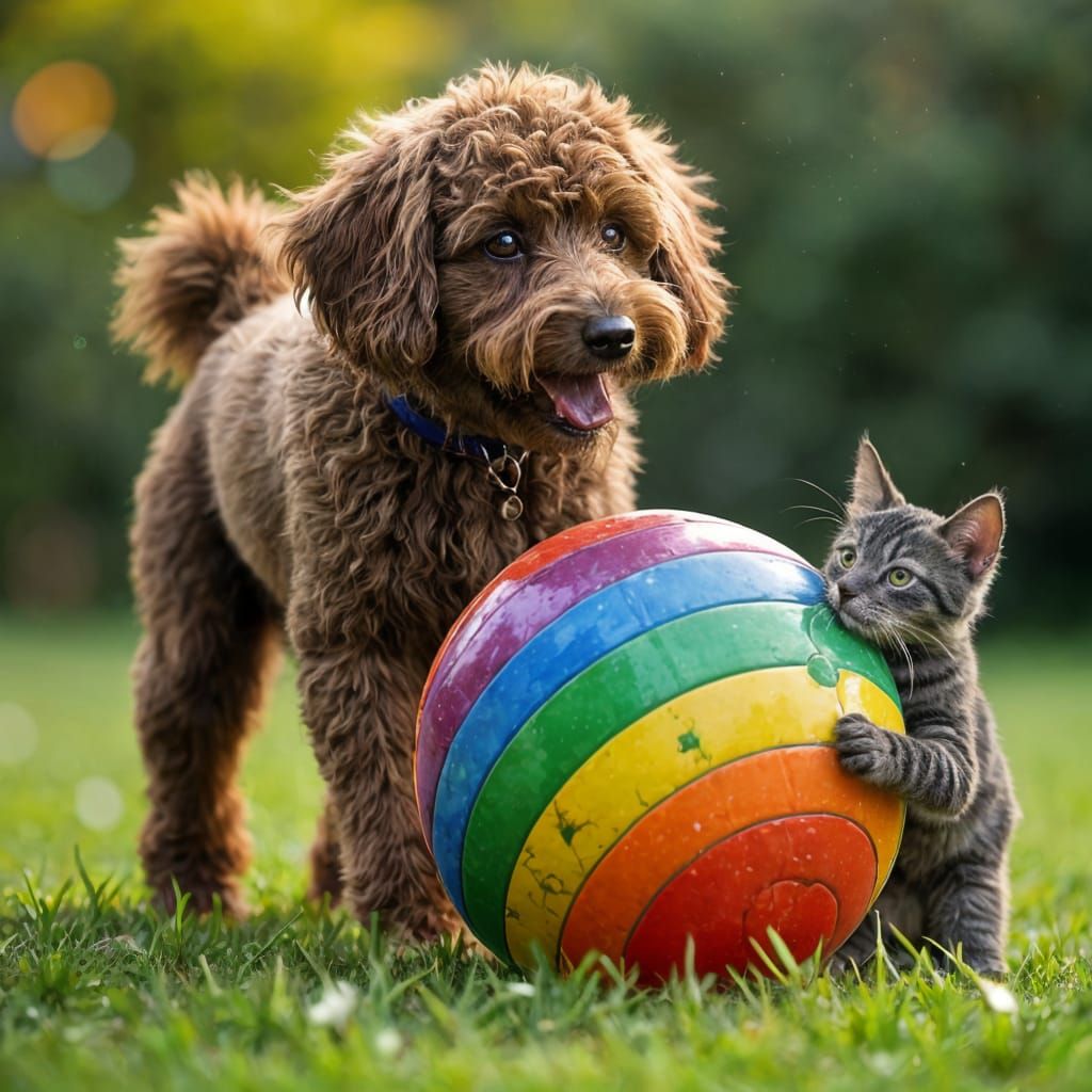 Poodle and Cat Playing: Hyperrealistic Splash Art