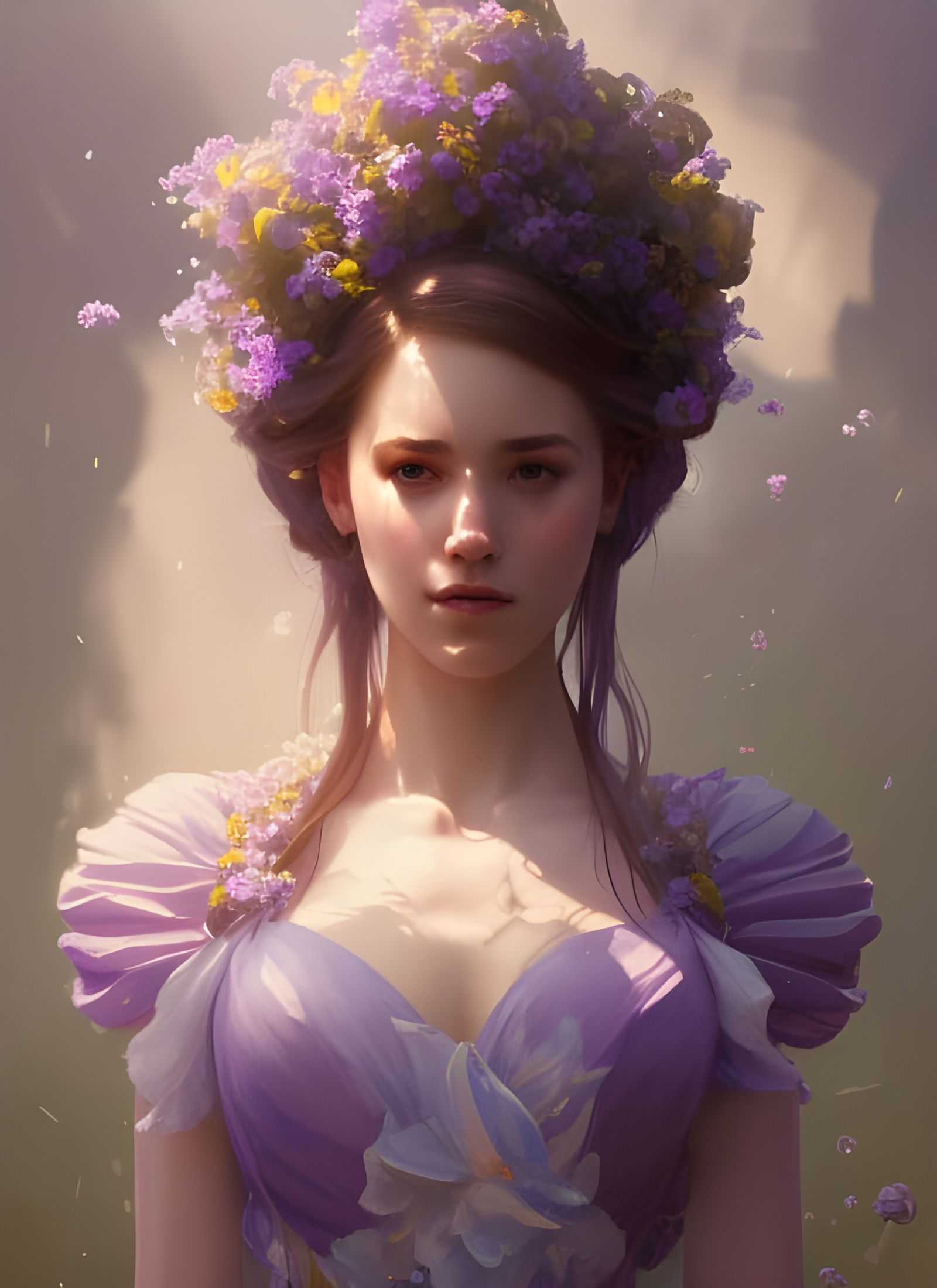 Pretty Princess Portrait in Lavender Dress, Detailed Art