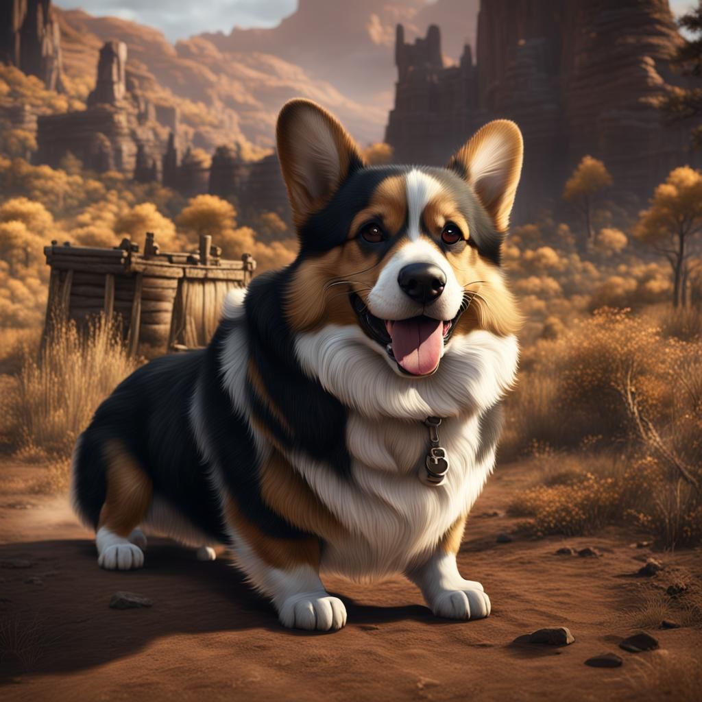 Corgi Dog in the Wild West, Detailed Digital Painting