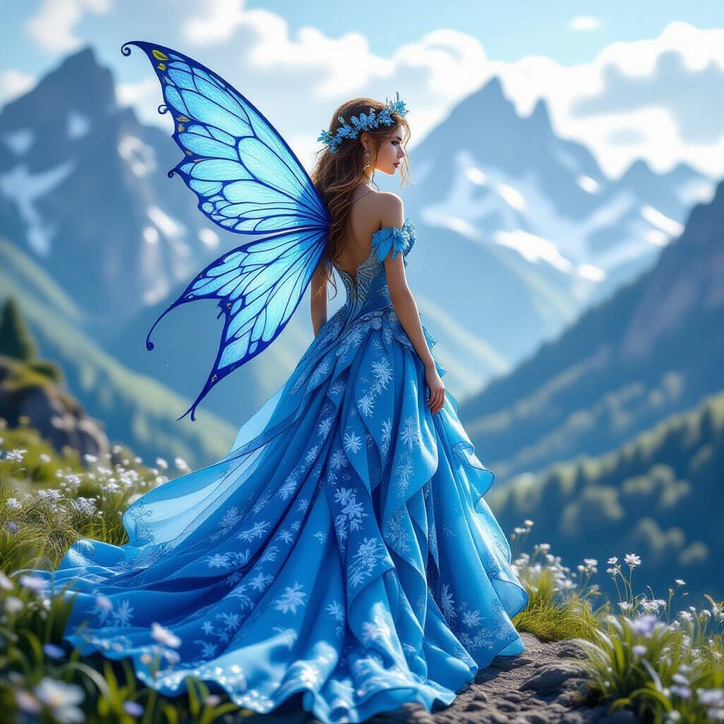 Detailed Fairy in Blue Mountain Landscape