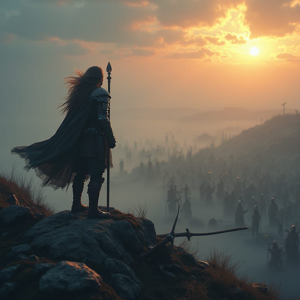 Valkyrie on Battlefield at Twilight, Digital Art