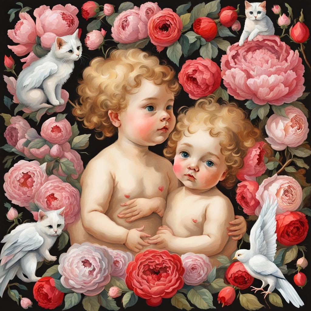 Valentine Collage of Cherubs, Cats in Gouache Style
