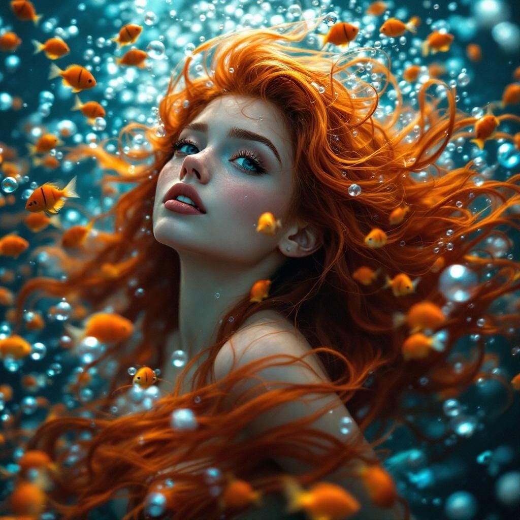 Beautiful Red-Haired Mermaid Among Orange Fish