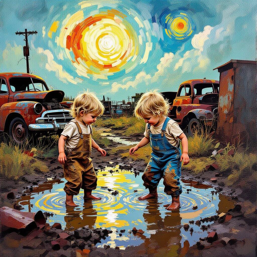 Kids Playing in Junkyard, Expressionist Style