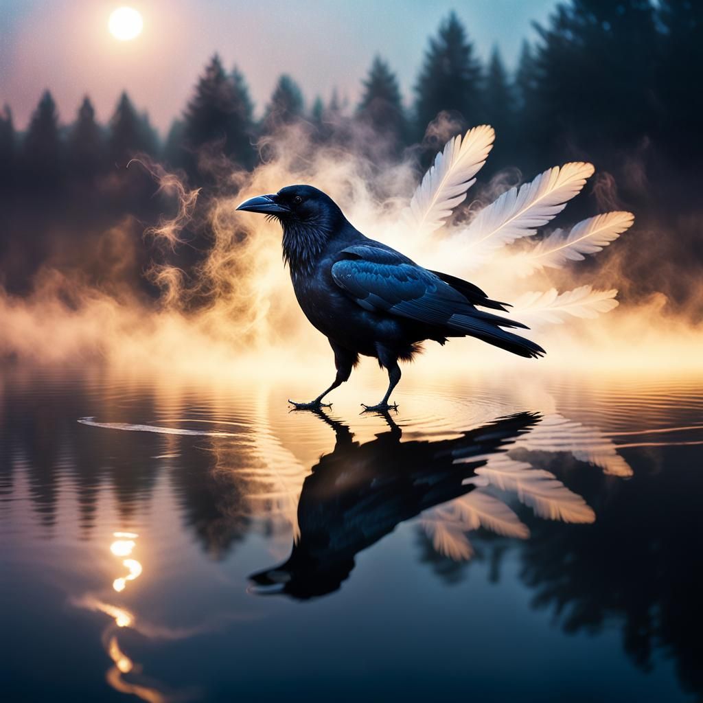 Surreal Crow Made of Mist and Celestial Lights