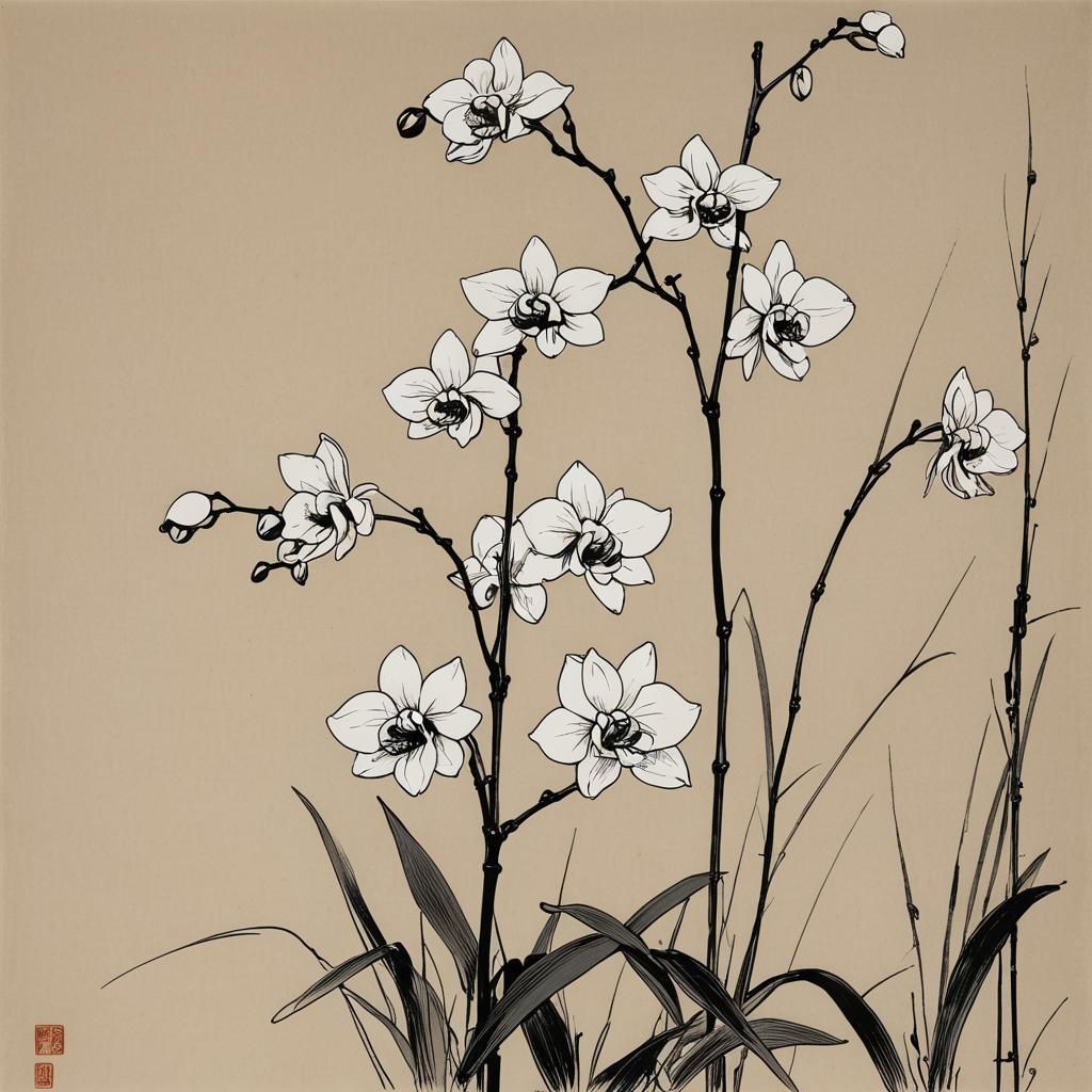 Delicate Orchids: Minimalist Line Drawing in Liminal Space