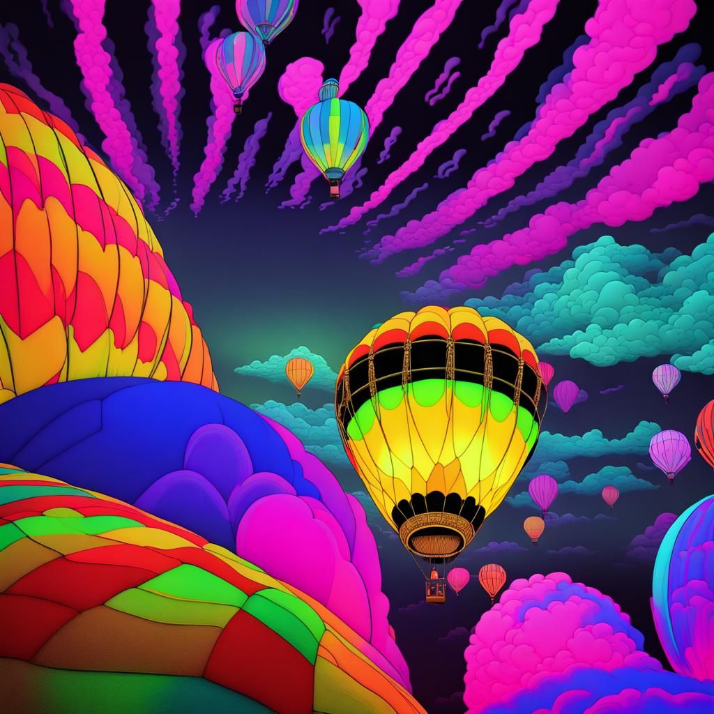 Neon Hot Air Balloon in Black Light Art