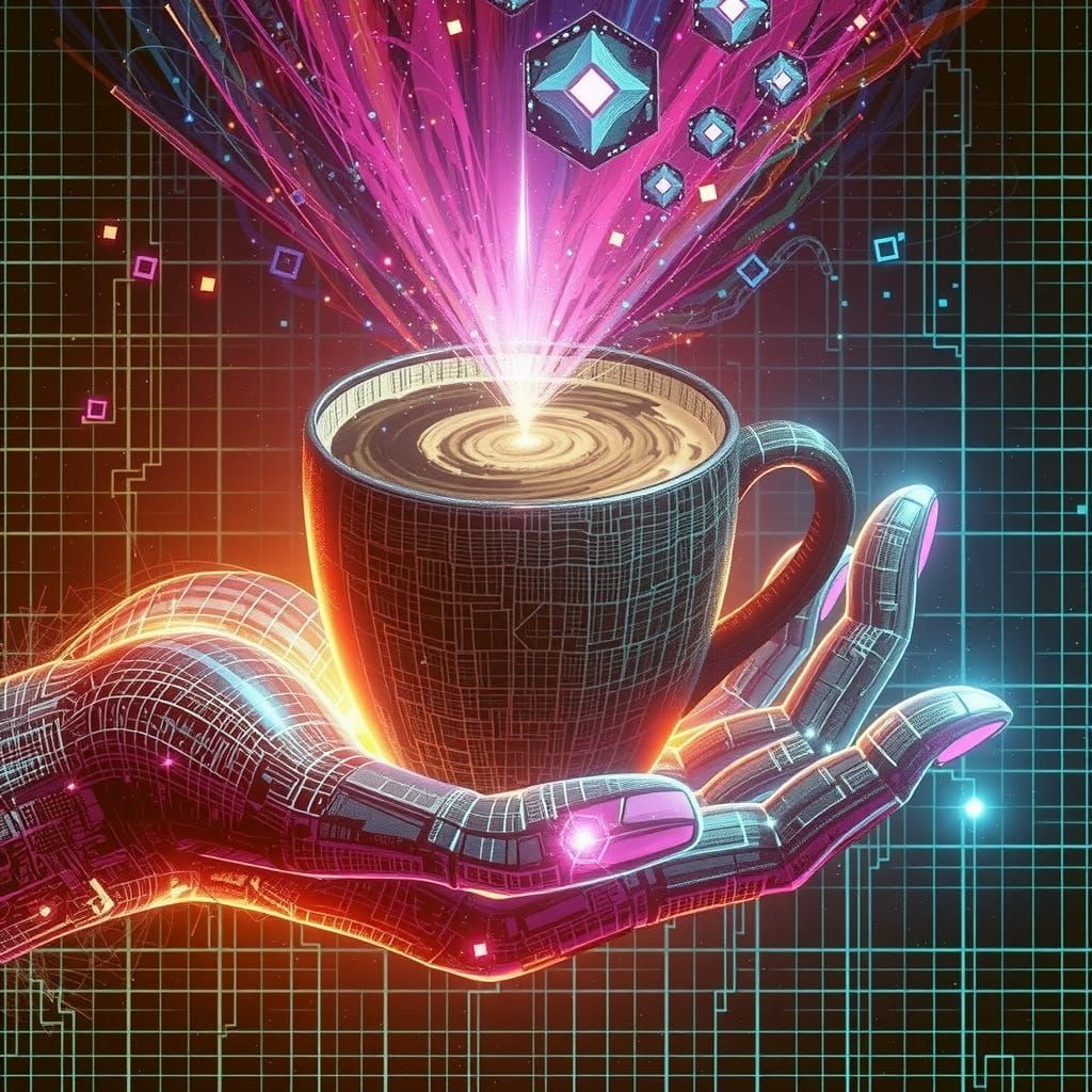 Synthwave Coffee Cup Pixelation in Digital Art