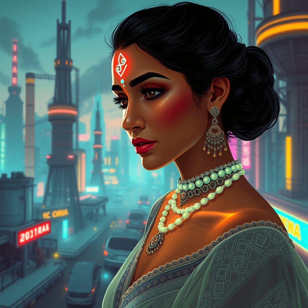 Futuristic Woman with Glowing Bindi in Neon Cityscape