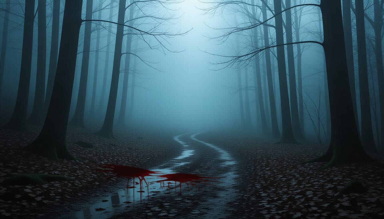 Eerie Forest Path with Blood Traces in Cinematic Mist