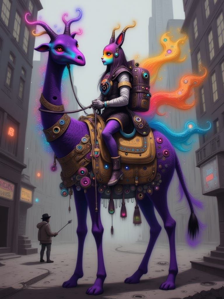 Fantasy Fox Merchant on Two-Headed Giraffe