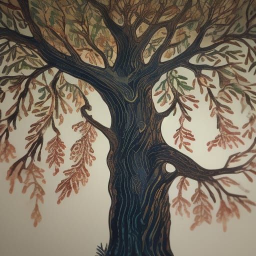 Fantastical Tree Linocut Print in Naive Art Style
