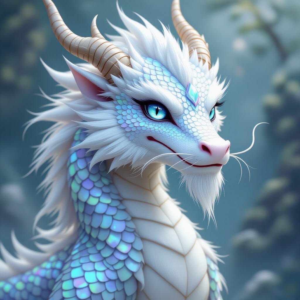Opalescent Dragon-like Creature with White Fur