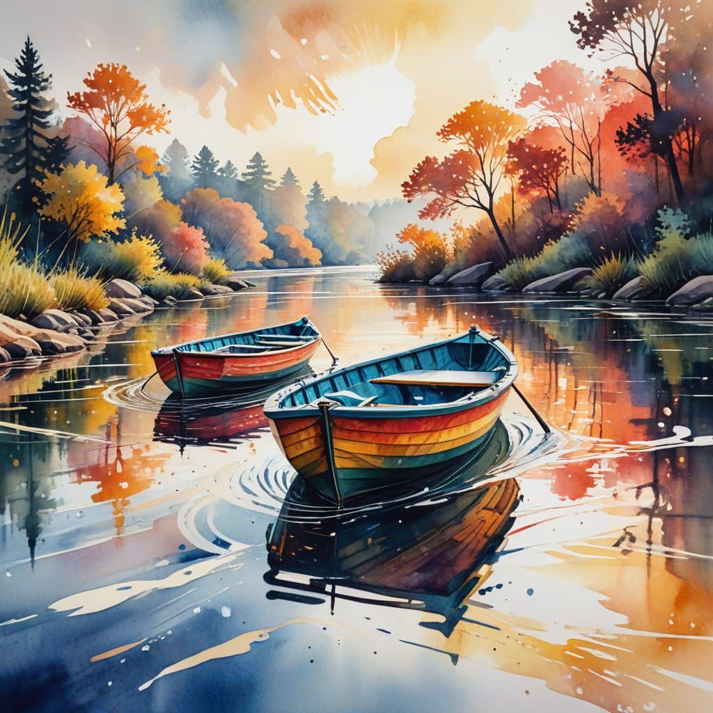 Abstract Boats Gliding on River in Ink Watercolor