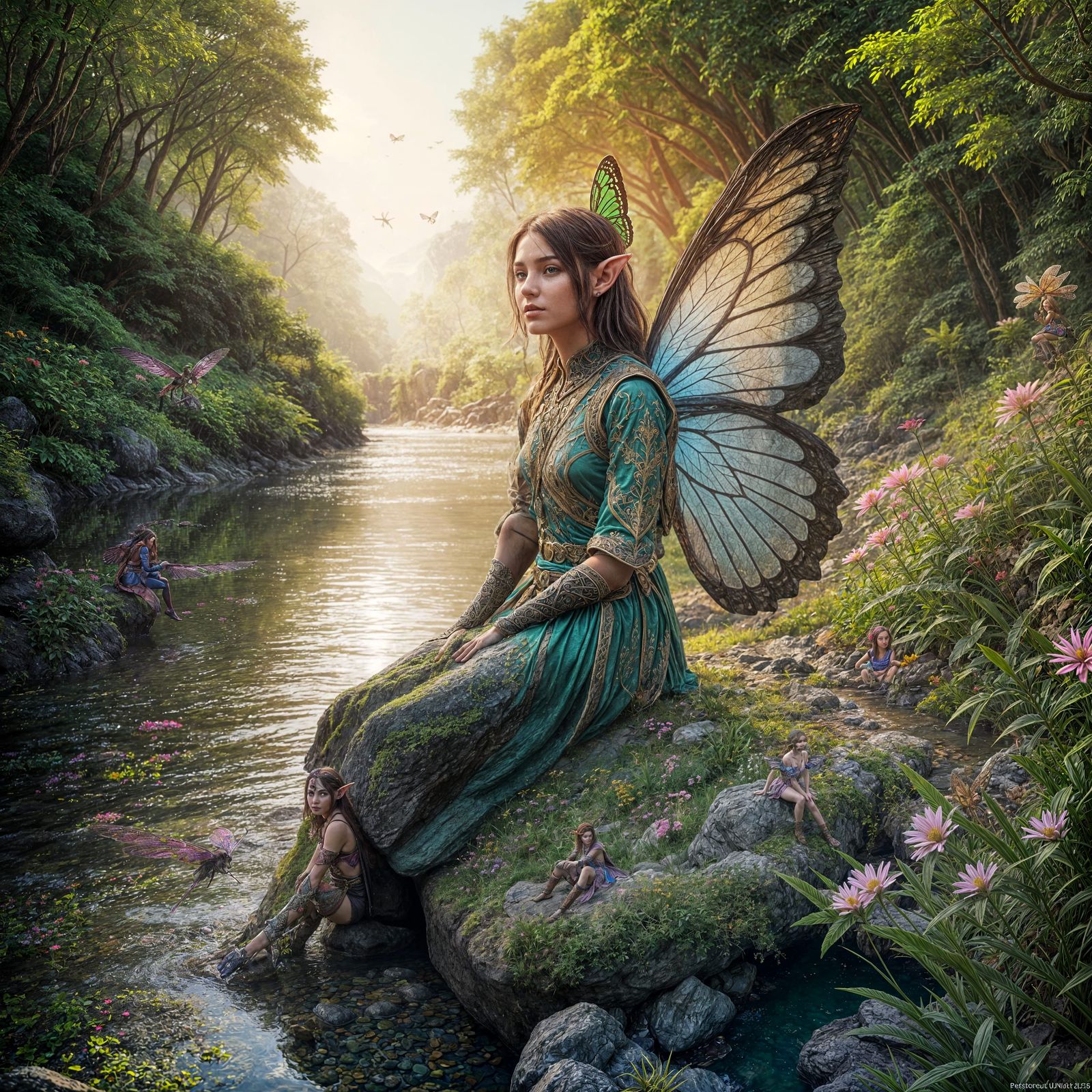 Young Elf with Vibrant Butterfly Wings, Set Amidst a River S...