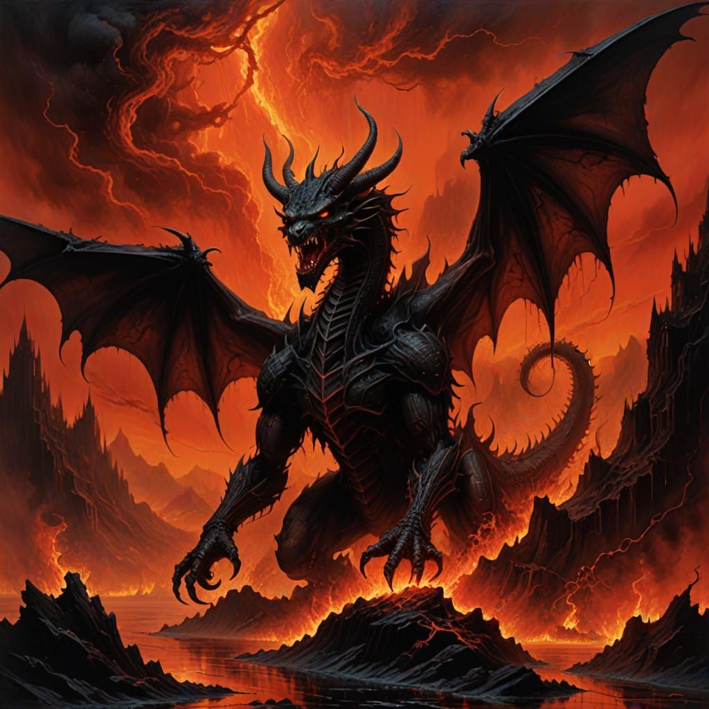 Hellish Demon King Soars Above Fiery Abyss
