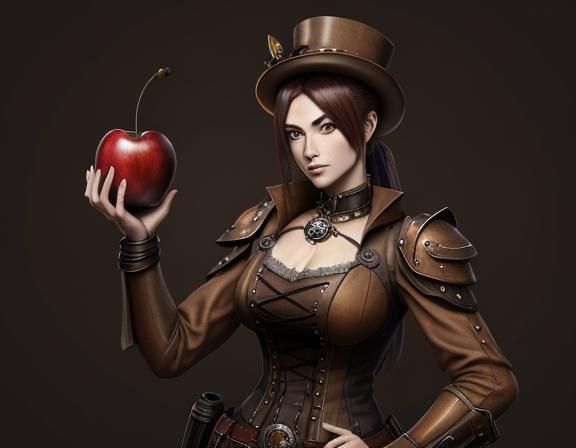 Steampunk Anime Woman with Cherry in Sepia