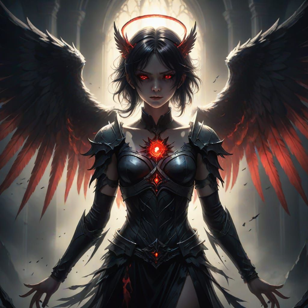 Surreal Gothic Angel-Demon Hybrid in Intense Conflict