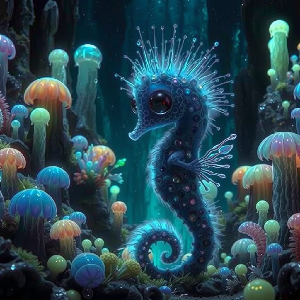 Iridescent Seahorse with Wings in Crystal Cave