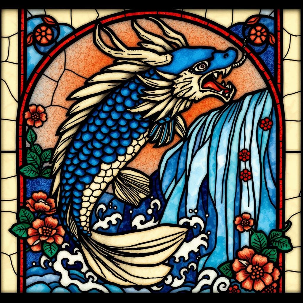 Koi to Dragon Stained Glass in Japanese Tattoo Style