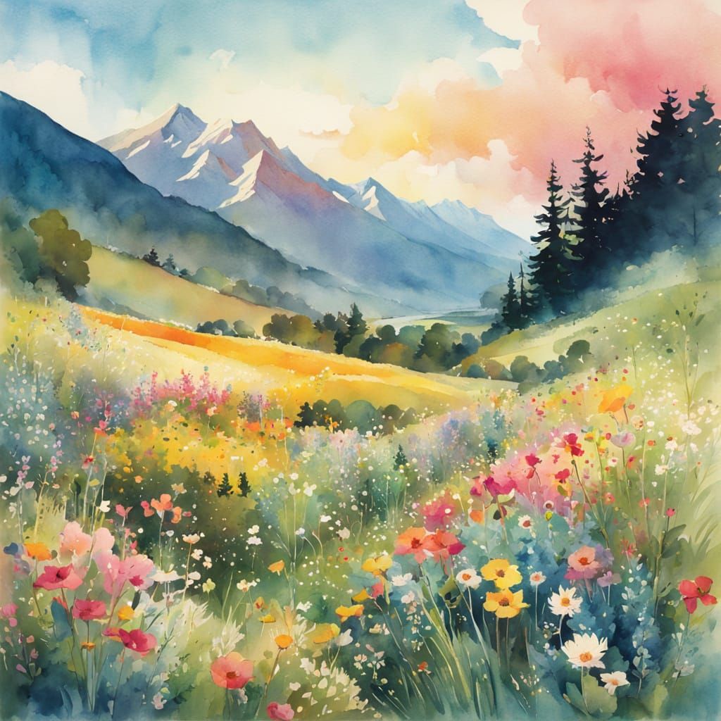 Wildflower Mountains in Watercolor and Ink Style