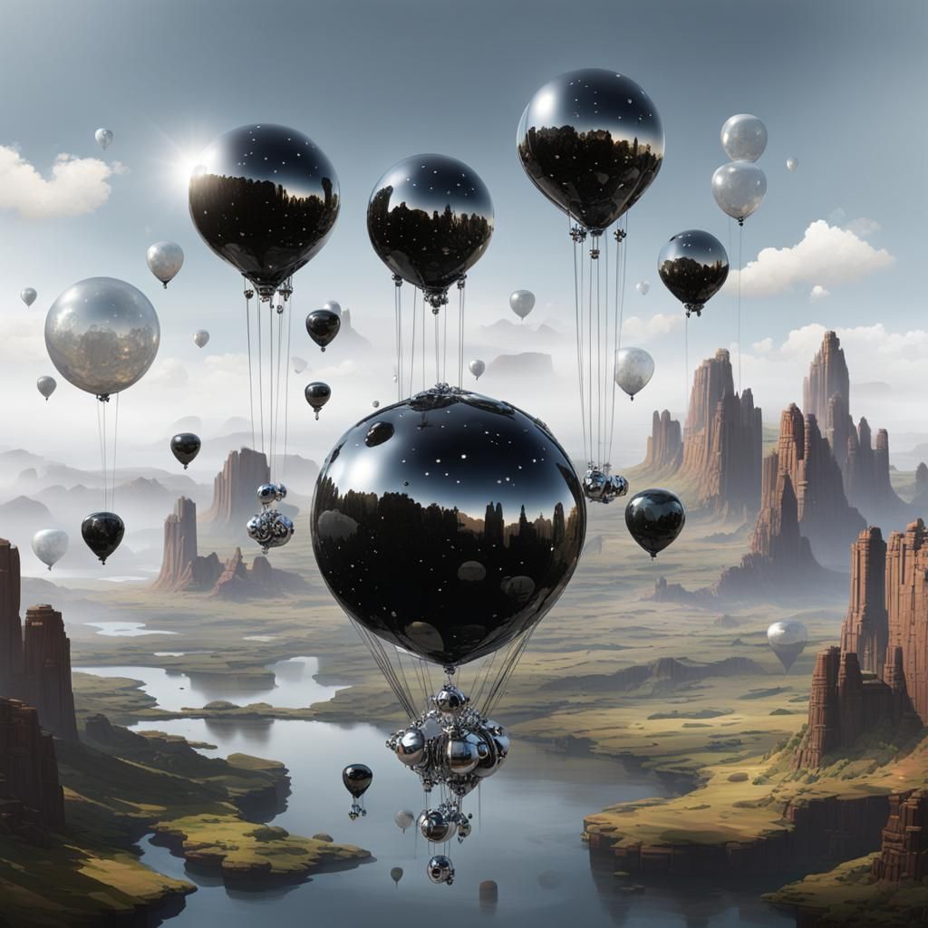 Floating Machine Over Obsidian Landscape With Silver Balloon...