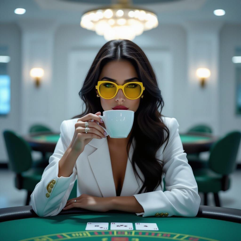 Attractive Woman in Yellow Sunglasses Drinks Soda at Poker T...