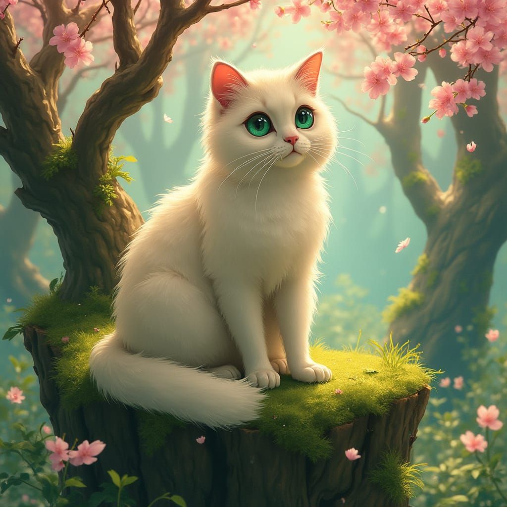 Mystical Cat Amidst Whimsical Cherry Blossom Forest
